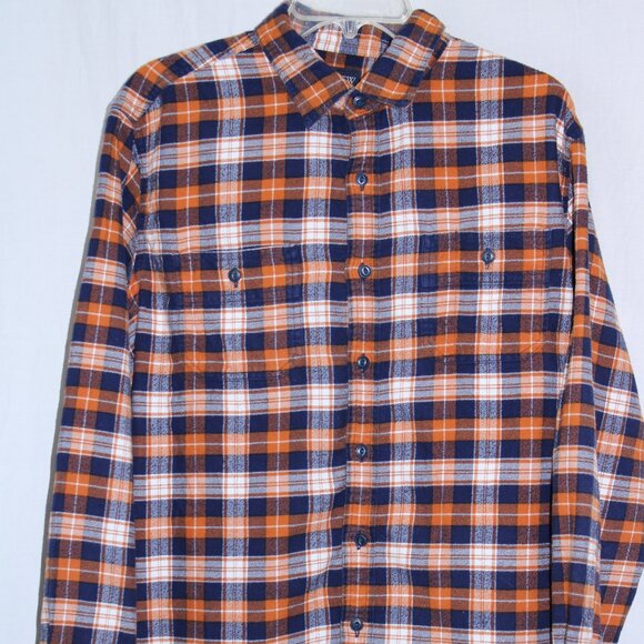 J Crew Flannel Shirt Men Large Orange Blue Plaid Lumberjack Button Up Casual - Picture 1 of 5